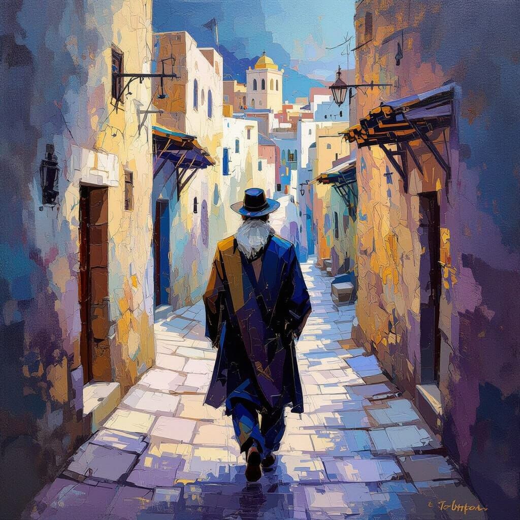 Jewish Man Walking Mystical Safed Streets as Abstract Art
