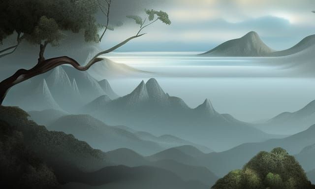 Misty blue Mountains detailed matte painting