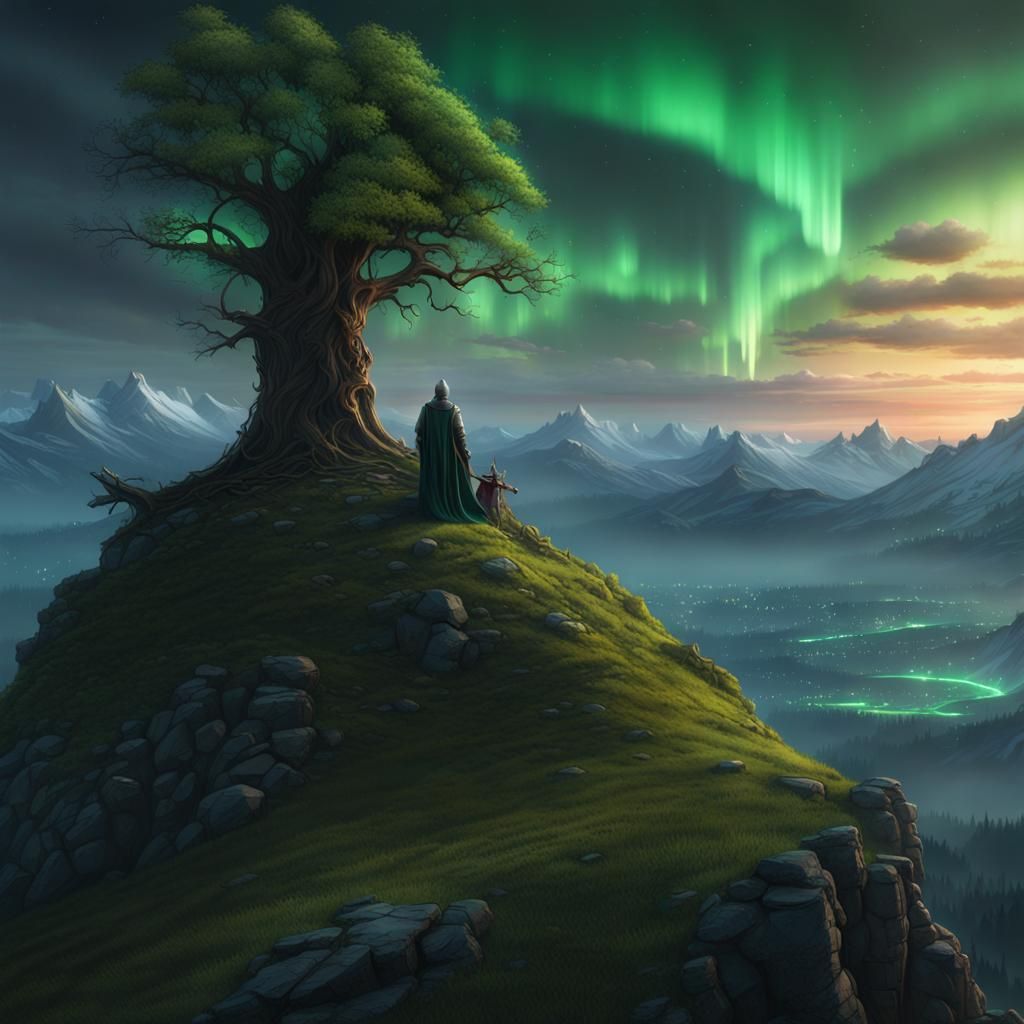 A knight dying on a green Hill next to a tree over looking a...