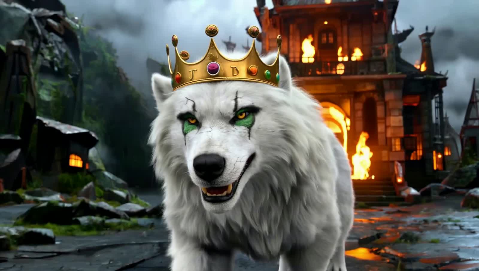 “Alpha white wolf in stylized hyper-realism, Joker painted face with cracked textures, smudged green-black eye makeup, e...