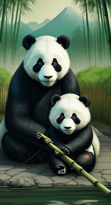 Two Beautiful Pandas Sisters Sitting Bamboo Grove And Mountains And 