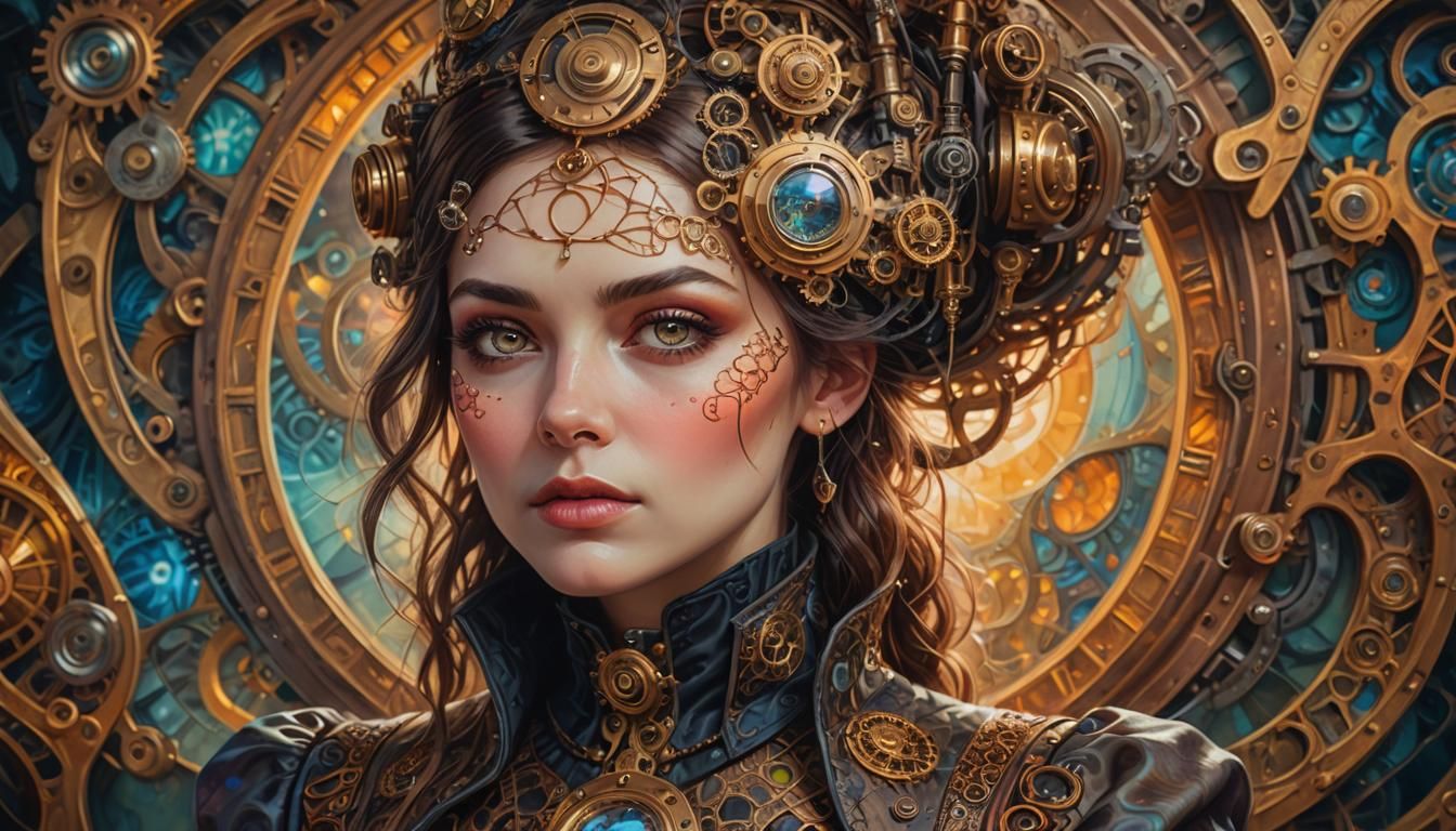 Steampunk Woman Portrait in Surreal Oil Painting