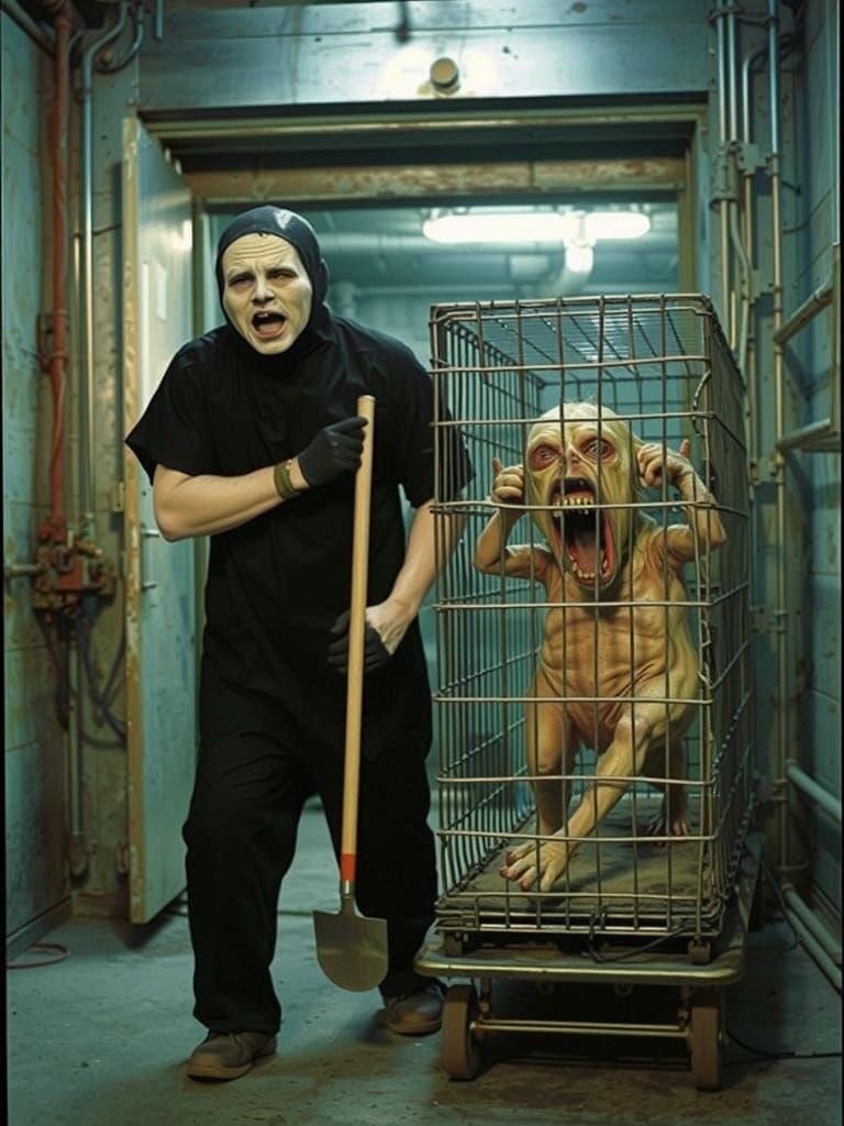 analog lomography photograph found footage , uncorrected lighting, expired film, creepy man in baby face mask and black body smock with shov...