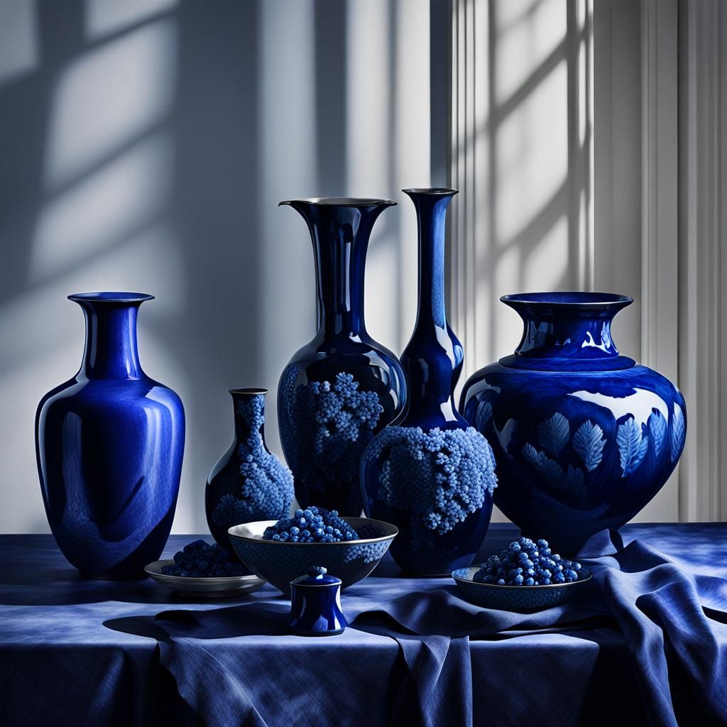 Hyper-Realistic Indigo Still Life in Vivid Digital Art