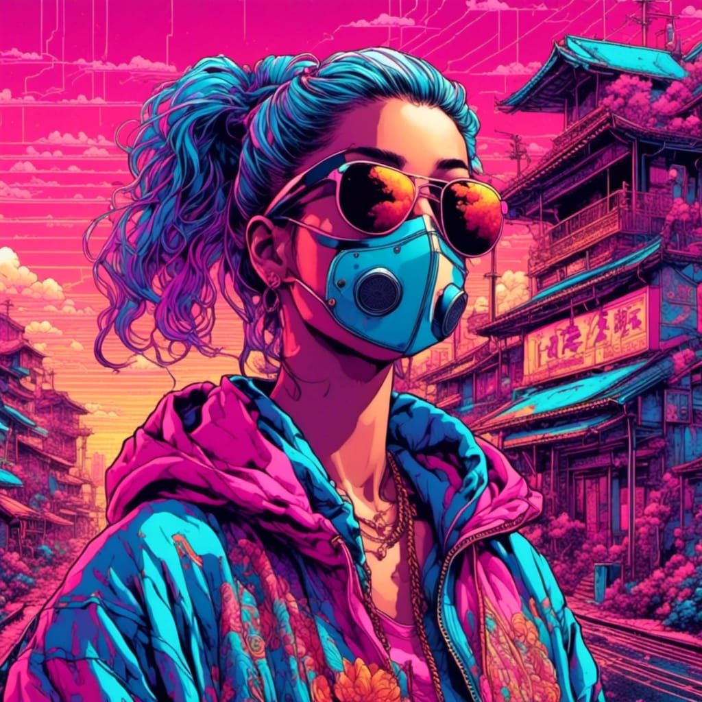 <lora:Vapor:1.0> Badass ninja chick on vaporwave streets