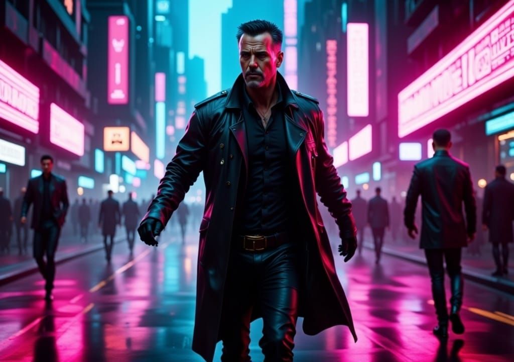 <lora:Cyberneons:1.0>Insanely detailed photorealistic, portrait of a hard boiled detective  running away from a bad guy in a cyberpunk city....