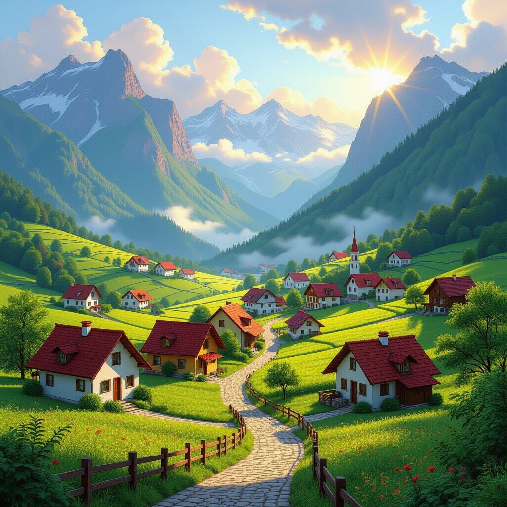 Charming Village in Misty Mountains at Golden Hour