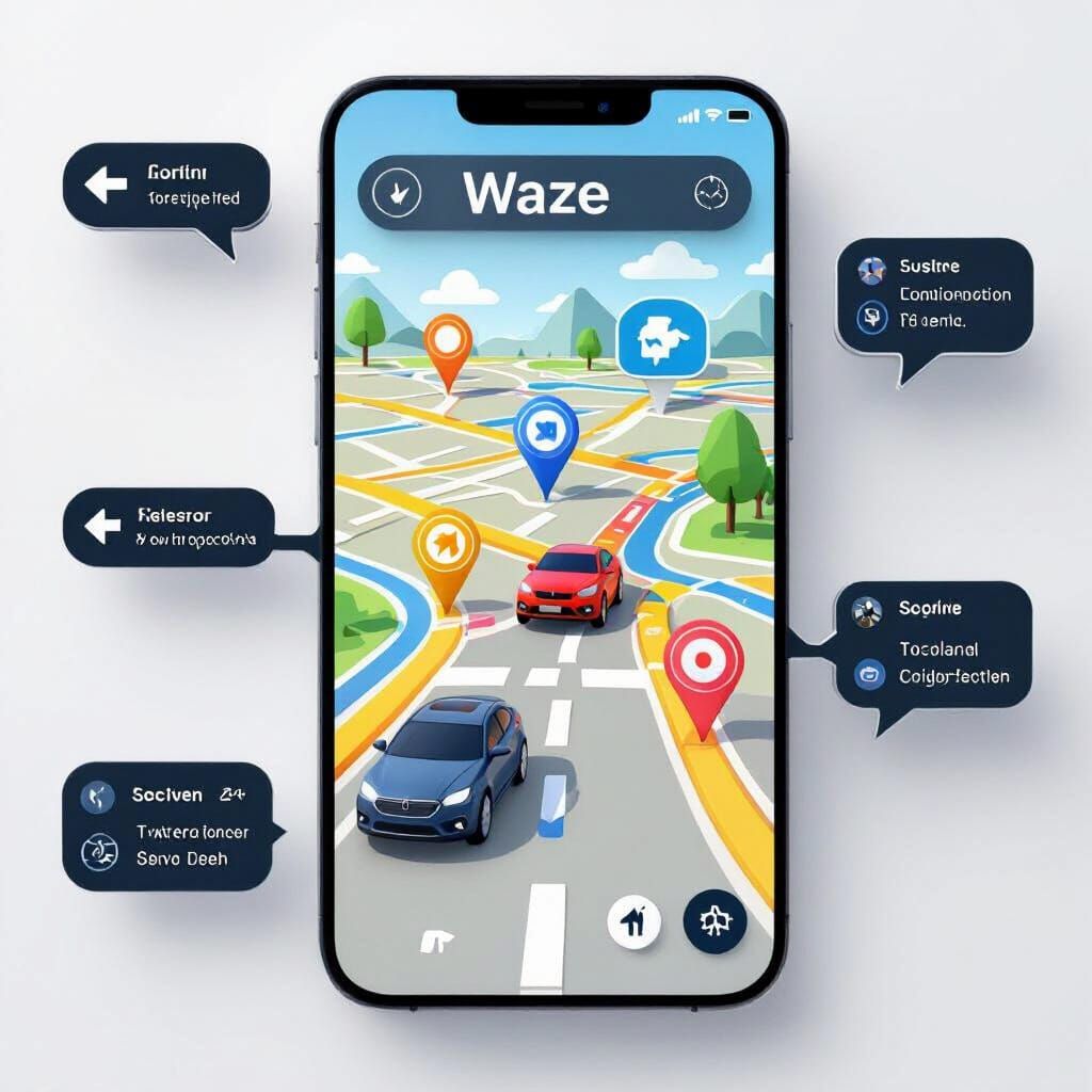 3D Waze App UI with Navigation and Car Icons