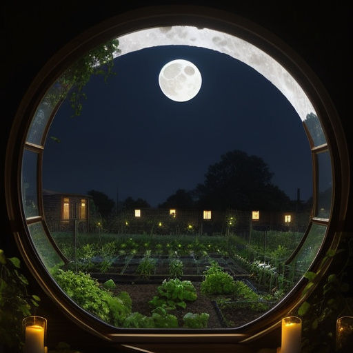 View through a window of a vegetable garden and a full moon 