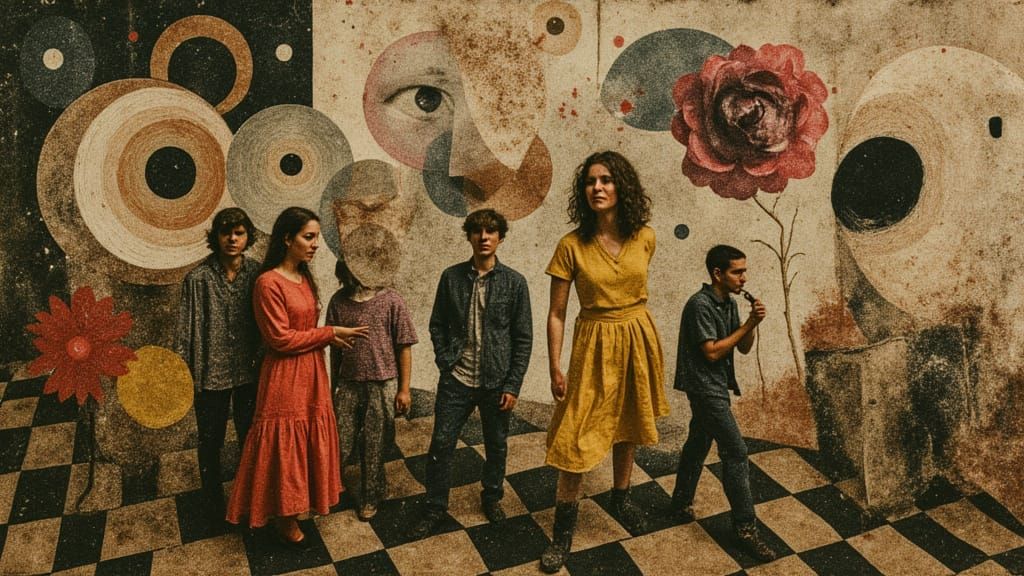 <lora:Mythprint:1.0>  mixed media surreal Elongated abstract absurd creatures in naive folk art attire dancing a conga line, adorned with vi...