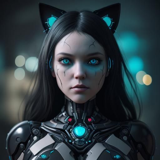 Realistic Cute half Robotic/real cat with fleur de lis on it heavy metal music black gothic-real Bioluminescent turquois...