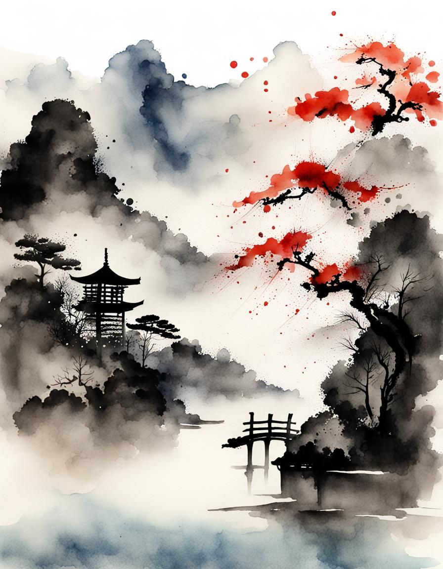 Ink splat Japanese ink watercolor landscape   by @cyan