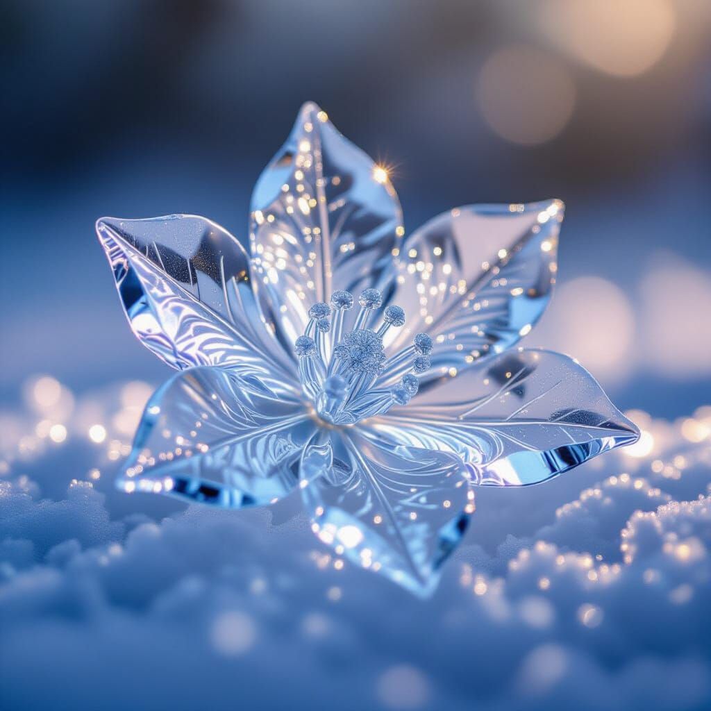 A close-up of a beautifully intricate single flower carved from ice catching soft winter light. HDR, ...  by @HarrietM