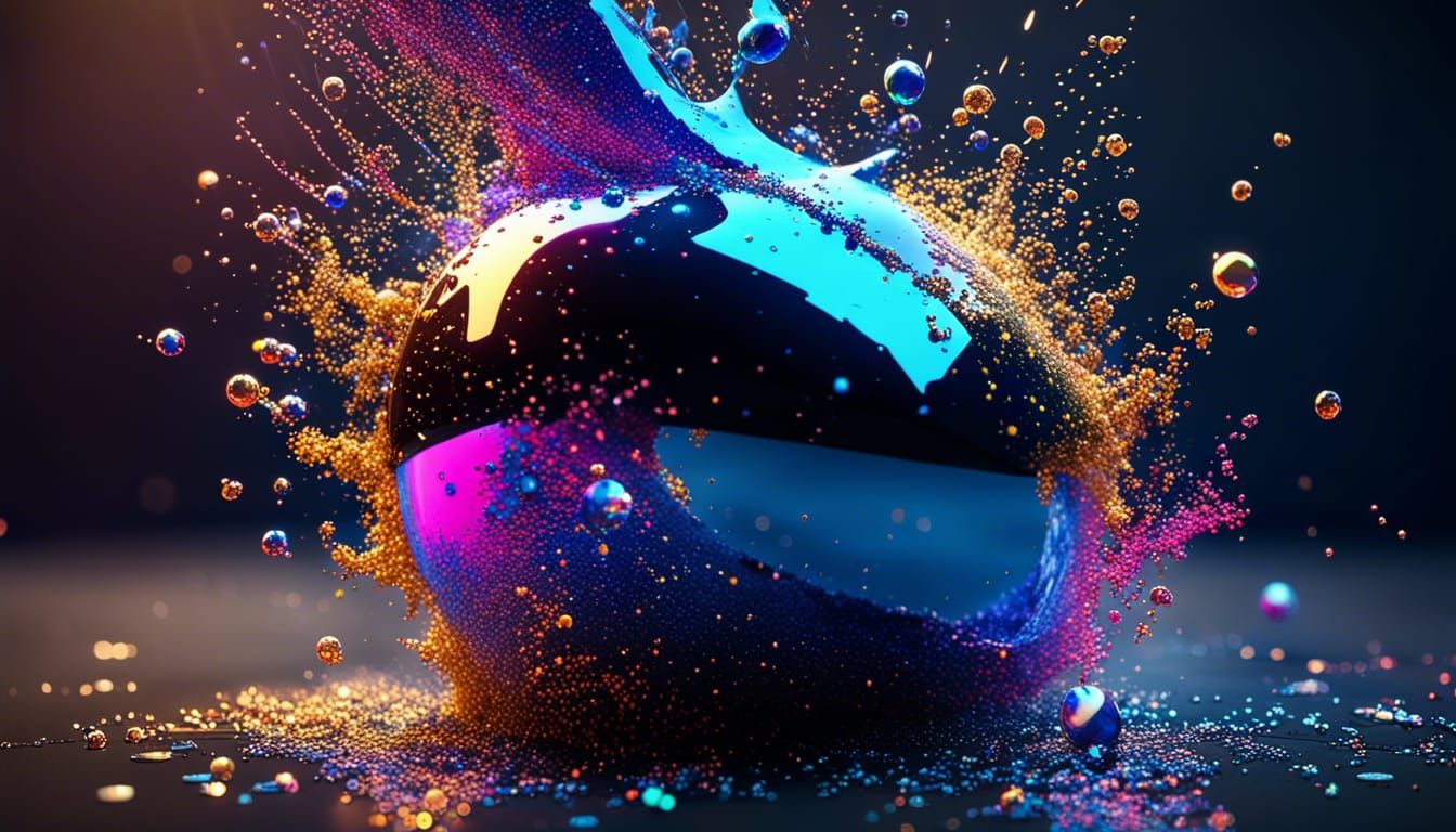 Glitter explosion with reflection in water, made of coloured...