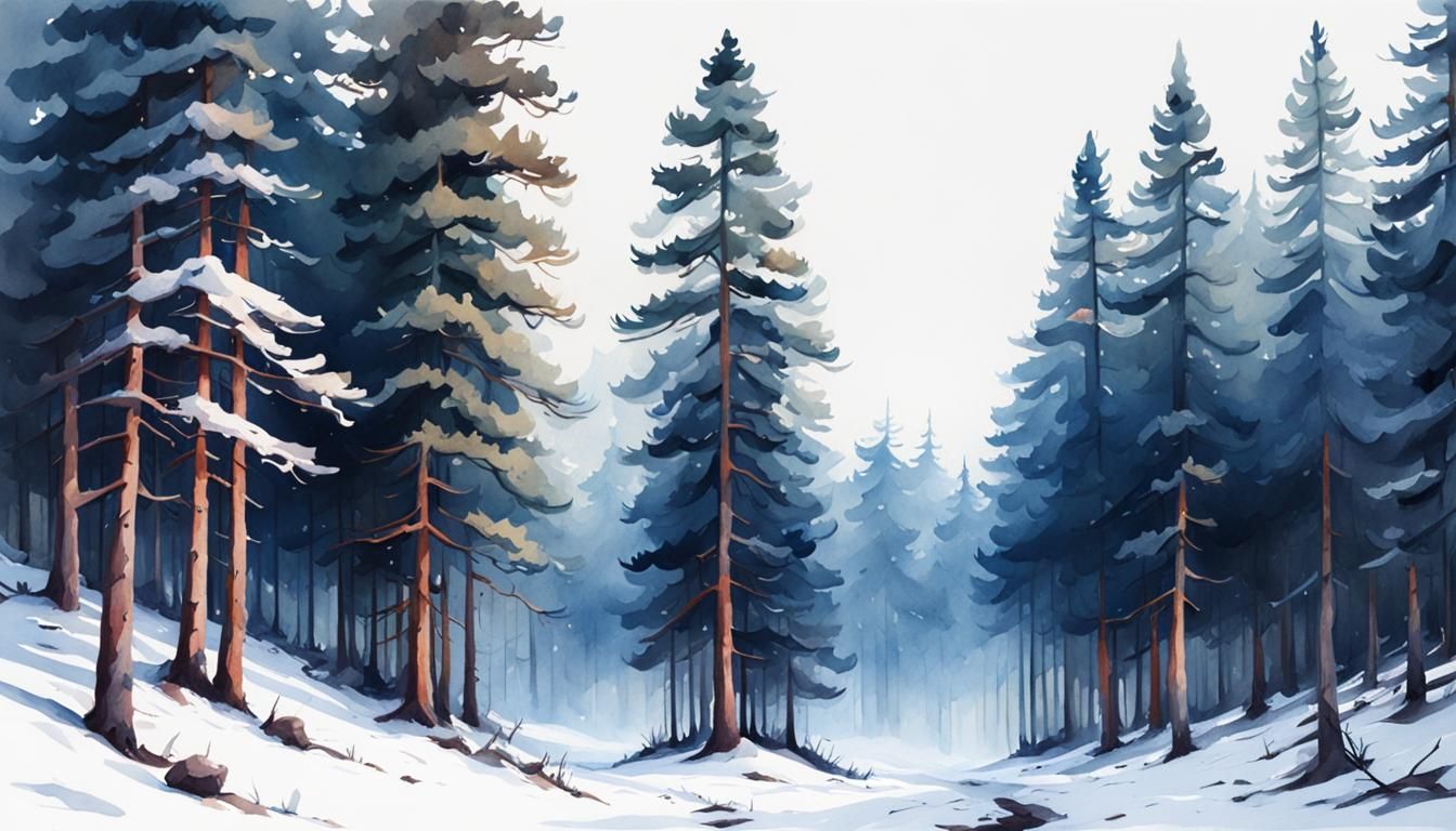 Winter Pine Forest Watercolor Painting with Dark Shadows