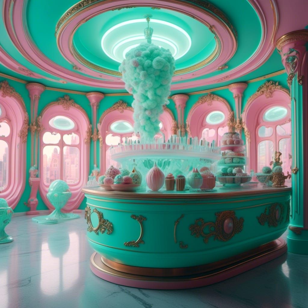<lora:Rococowave:1.0> A futuristic scifi ice cream store, in pink mint green white and baby blue, giant scoops of ice cream, beautiful roco...