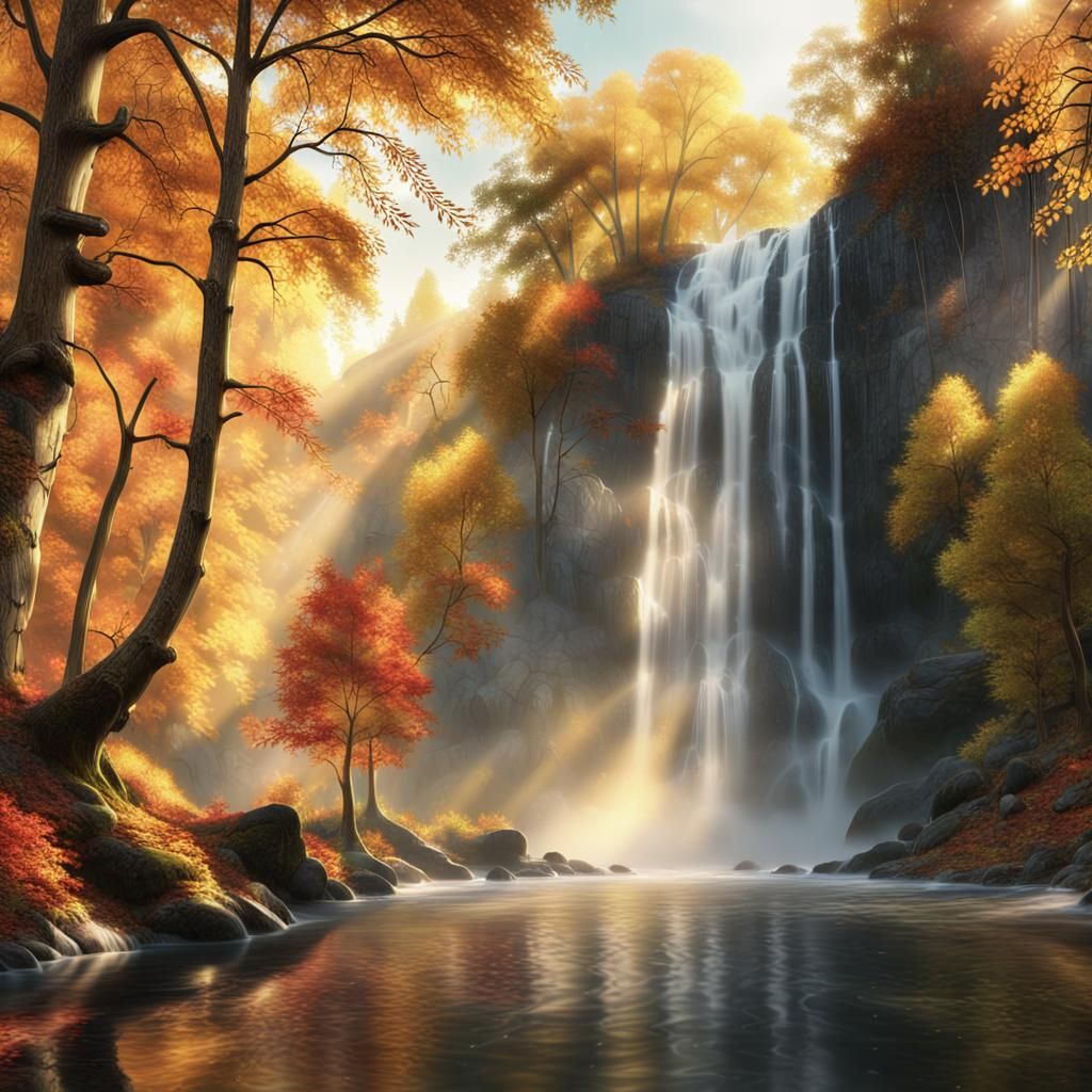 A tranquil waterfall in the middle of an autumn forest, with colorful leaves drifting down the river, ...  by @Heterodox Guy