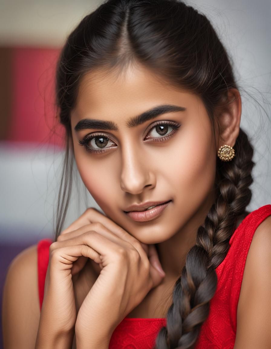 Portrait of a beautiful 18 year old girl. Her long plaited h...
