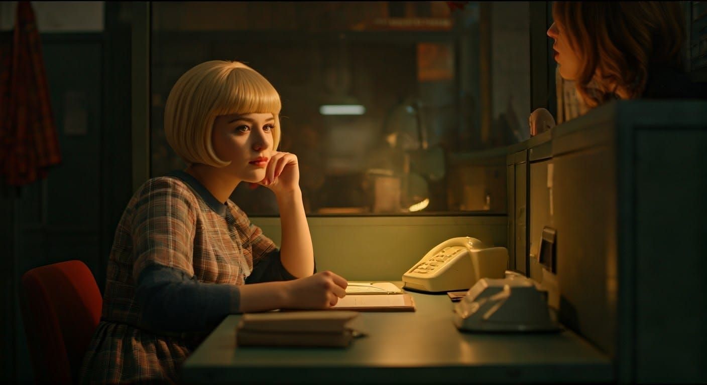 Rosie Lost in Thought in 1960s Office Cubicle
