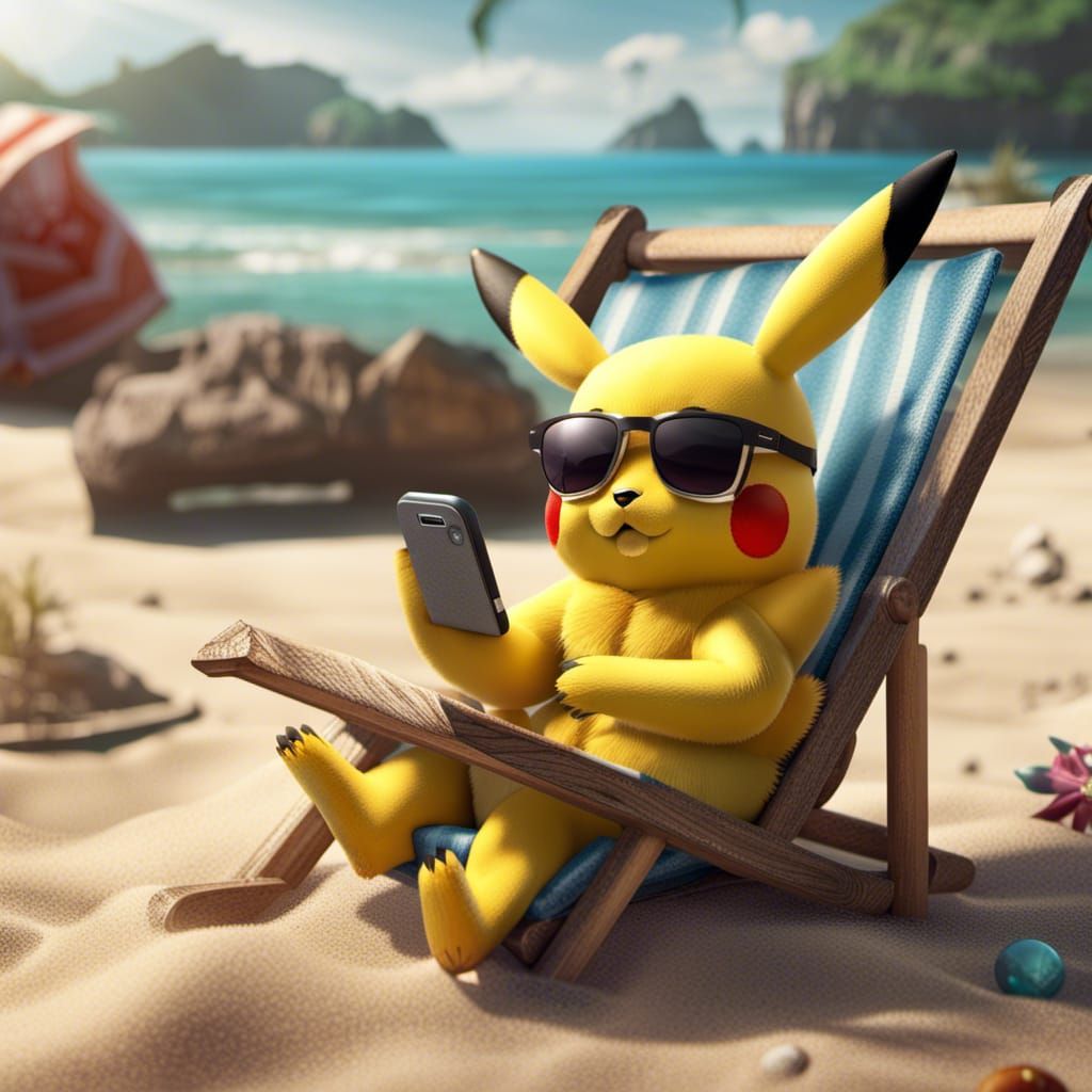 Pikachu relaxing on a beach, wearing sunglasses and browsing...