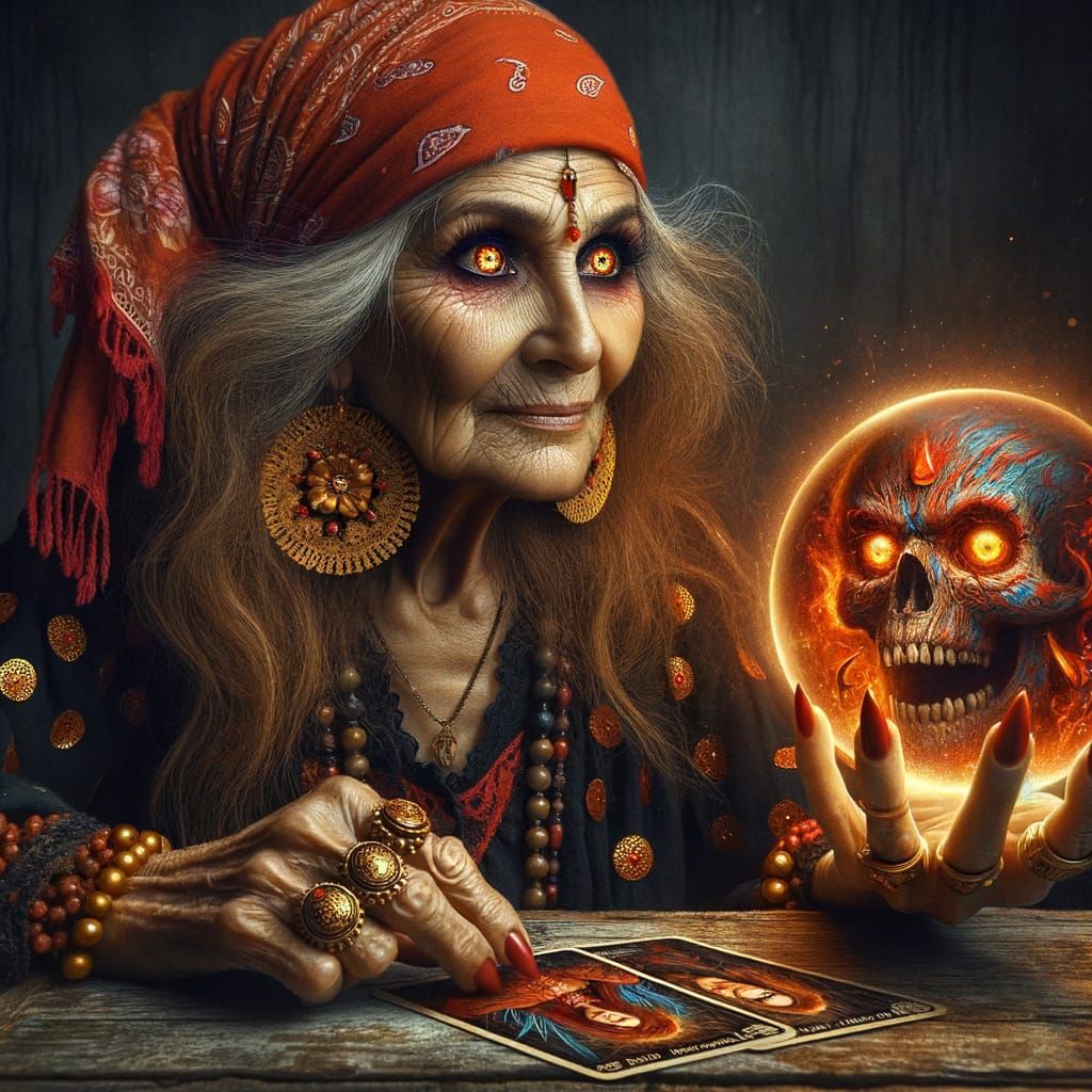 A visually engaging scene of a gypsy woman of advanced years, with captivating magic eyes and lengthy, dishevelled, amber eyes A blood-red b...