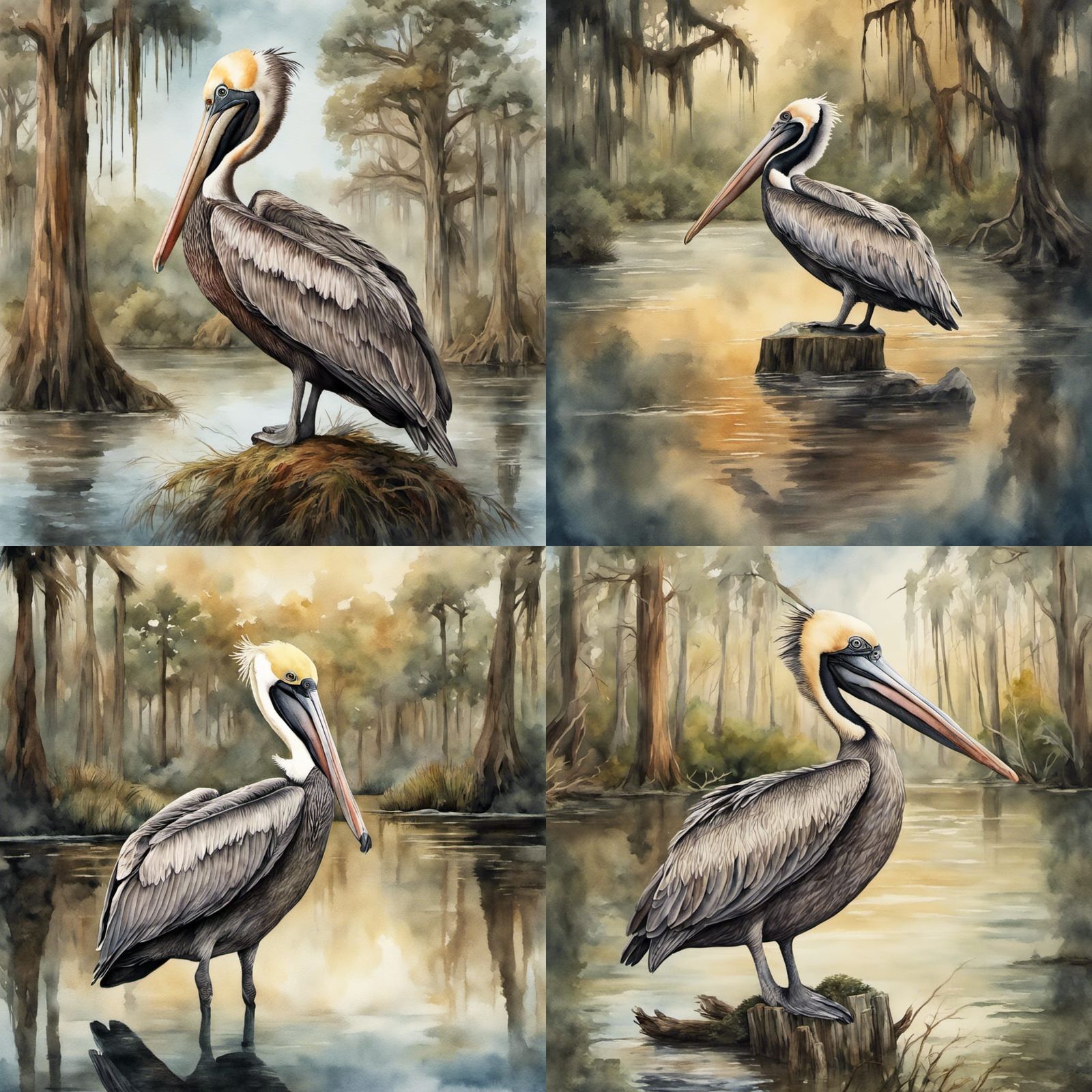 Louisiana brown pelican watercolor portrait over a lazy bayou with Spanish moss and cypress trees in the style of Audubo...