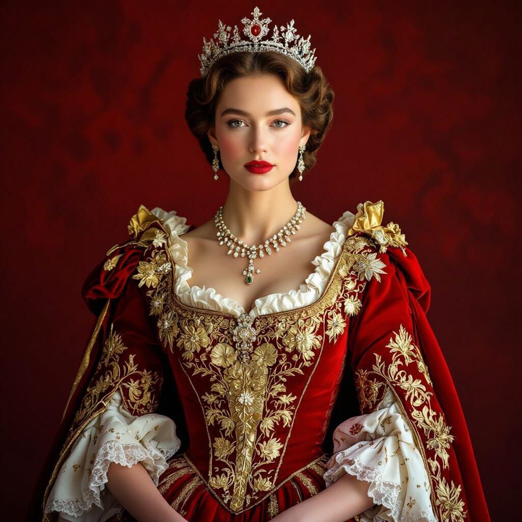 Photo quality,
A regal figure, reminiscent of a young Queen Elizabeth, is adorned in an elaborate dress ...  by @ArmyWidow