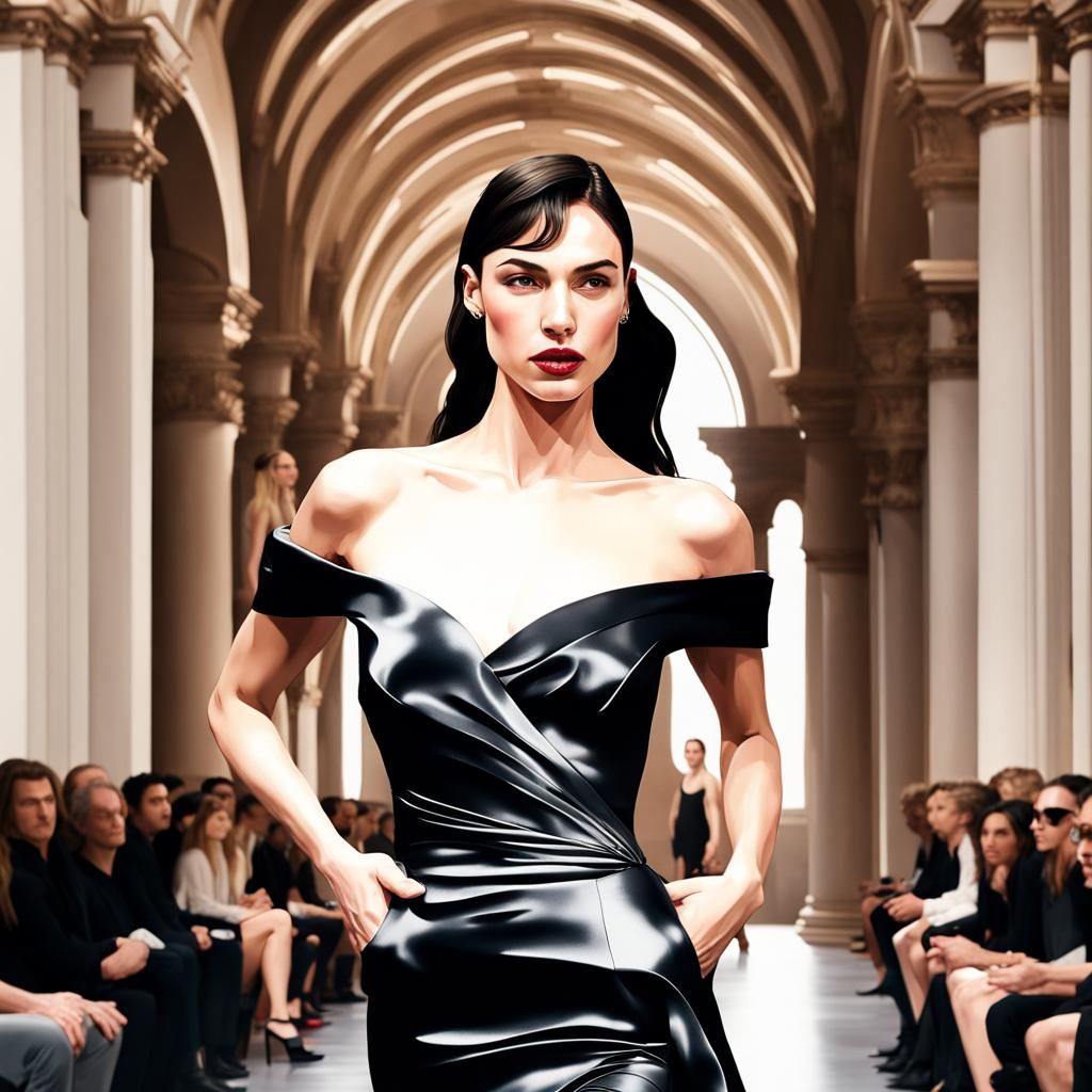 Gal Gadot in a black dress with straight hair on the runway during fashion week in a big castel