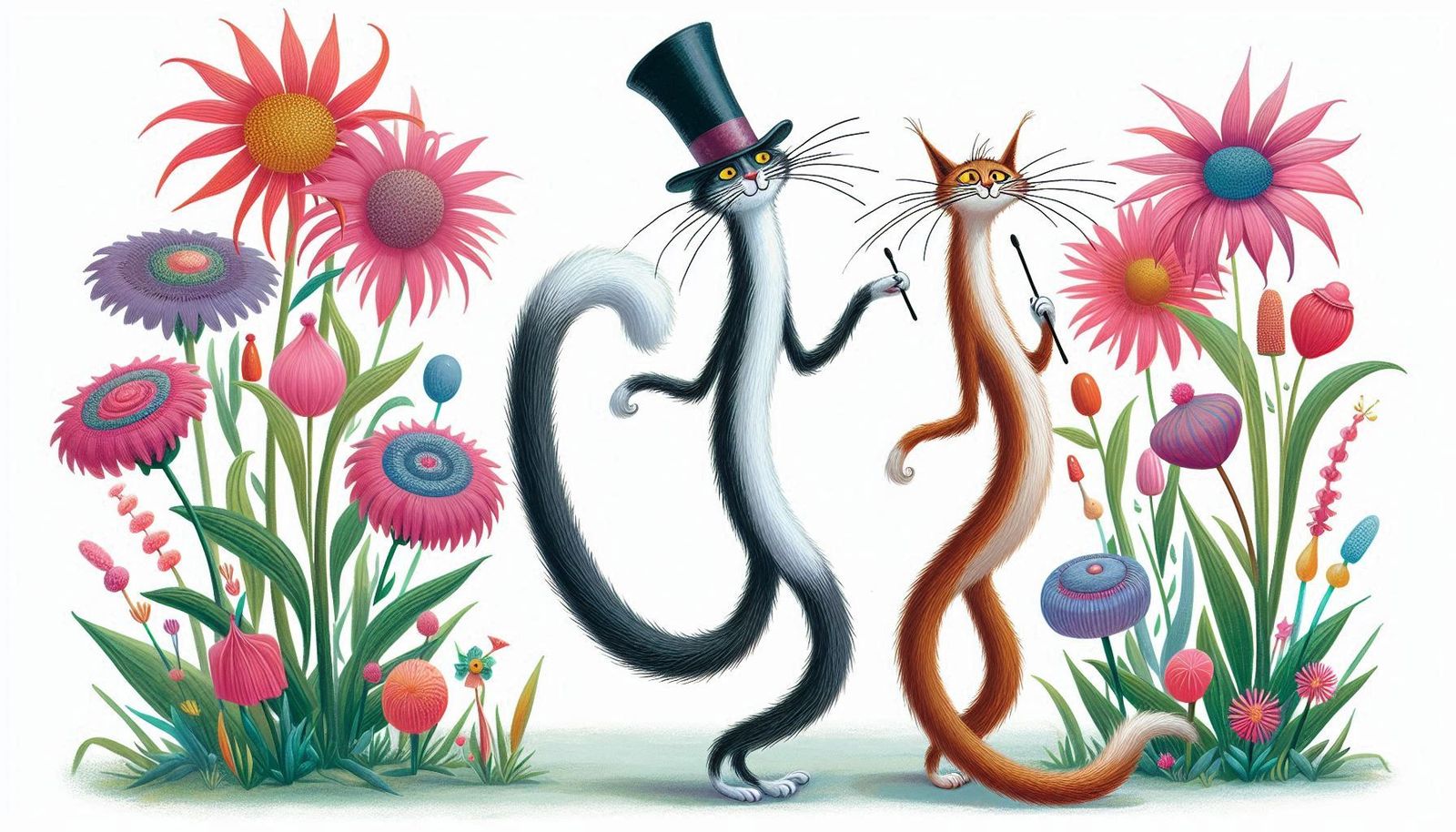 Whimsical Waltz of Cats and Flowers