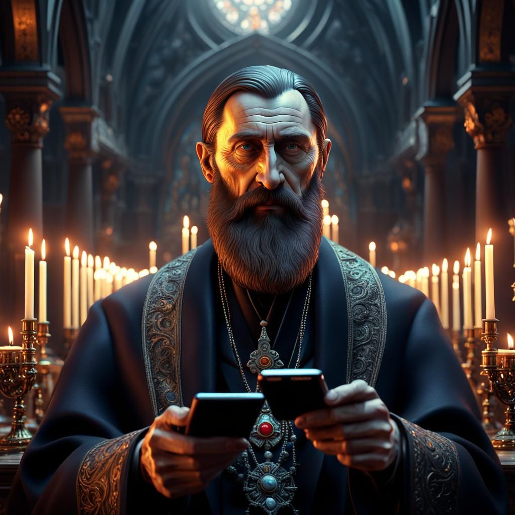 "Photographic portrait of Rasputin using a modern smartphone, 8k resolution intricate church and candles, ground level shot, 8K resolution,...