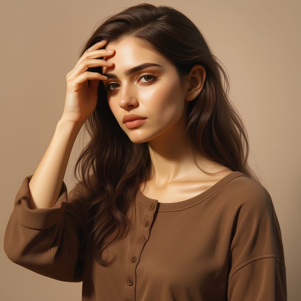 A realistic digital illustration of a young woman with long brown hair, wearing a brown shirt, standing against a soft beige background. She...