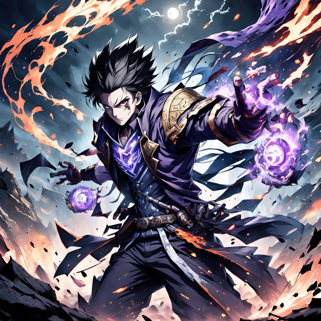 On a dusty and craggy desert cliff at noon, the male hero struggles to stand, the fight has gone on too long.