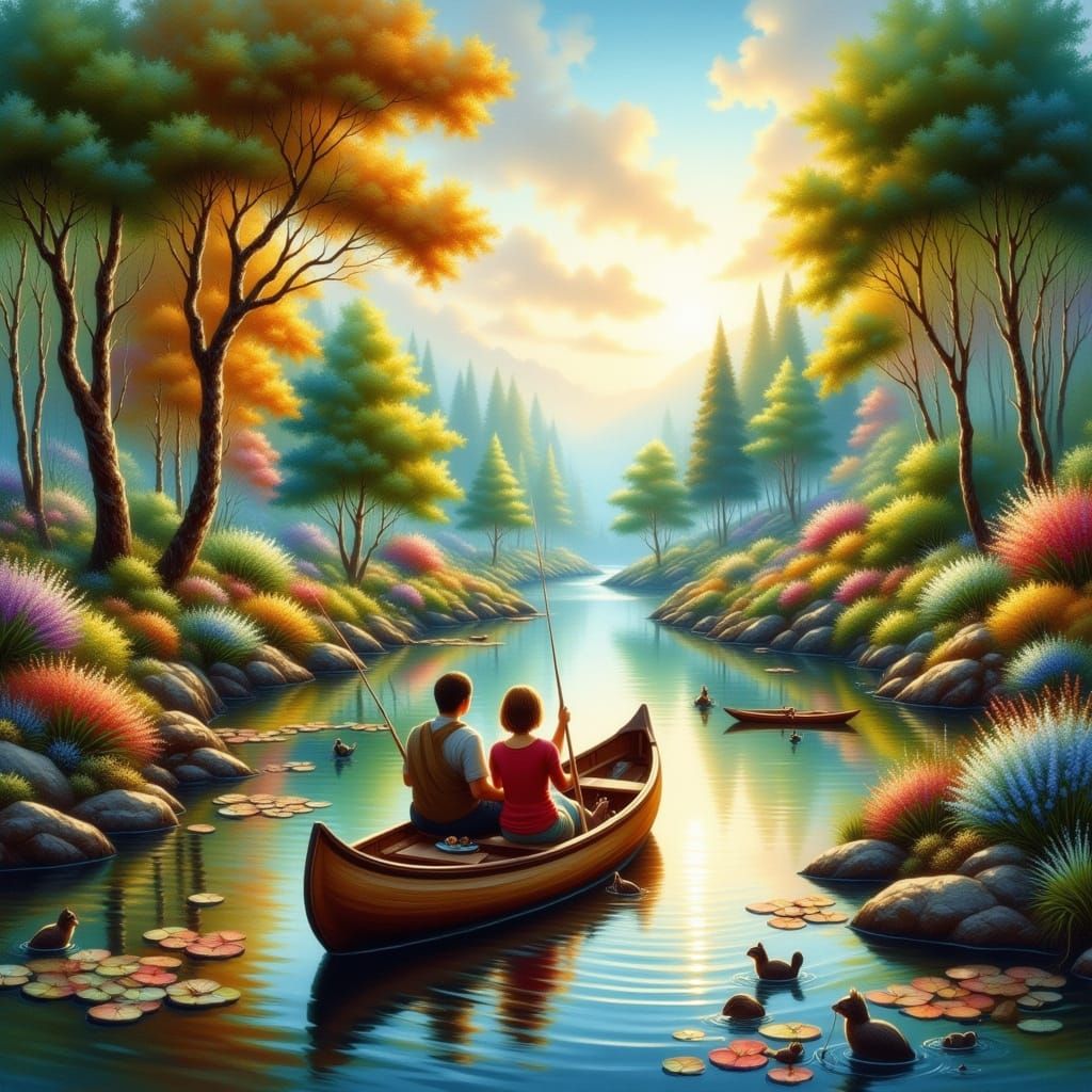 a man and woman sitting inside a canoe, fishing together while floating down a river that flows through a gorgeous wooded area. There are tr...