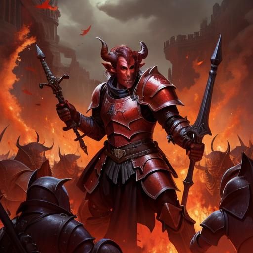 A red tiefling paladin with heavy armour screaming defiance ...