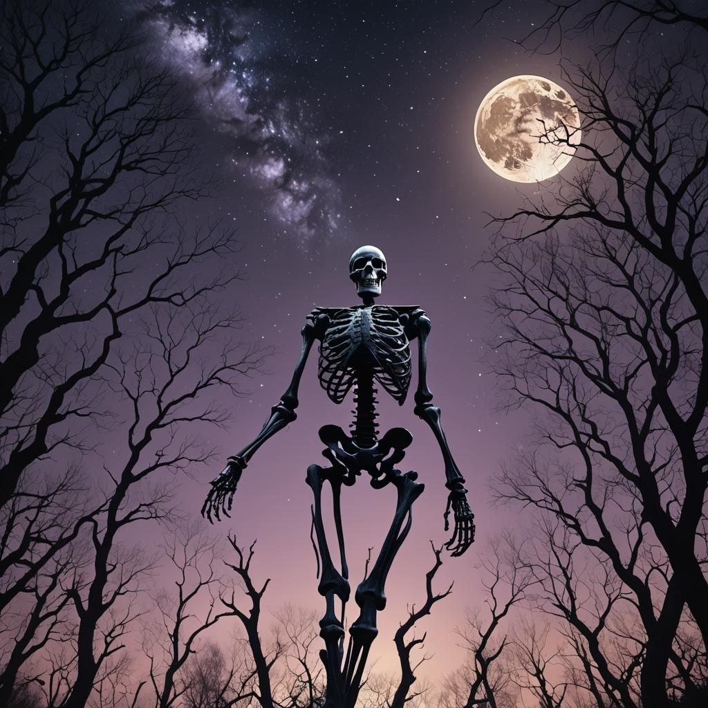 Skeleton walking through a forest of black trees and night s...