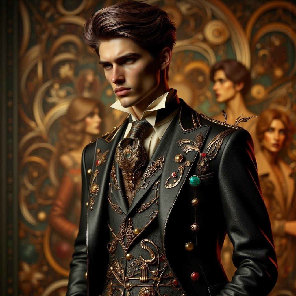  <lora:Art Nouveau Punk V2:1.0> portrait, handsome man in an art nouveau punk suit, Klimt inspired background, ambient lighting 