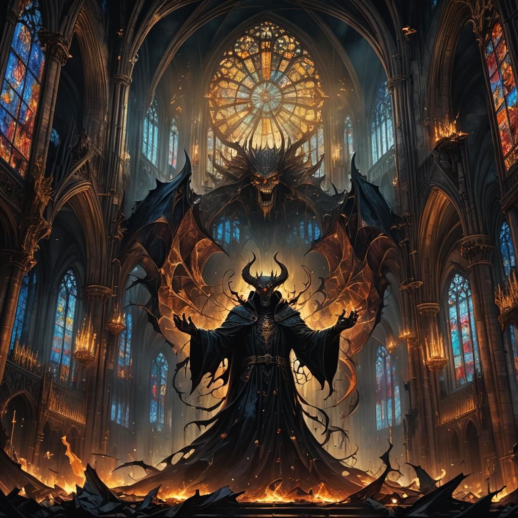 Demonic Entity in Ruined Cathedral: Digital Art