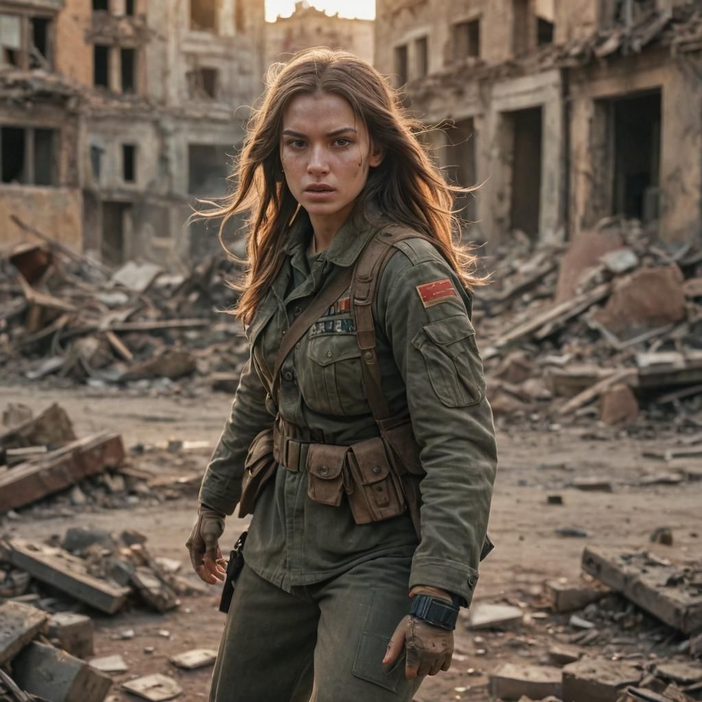 Young Soldier in Ruined City at Sunset
