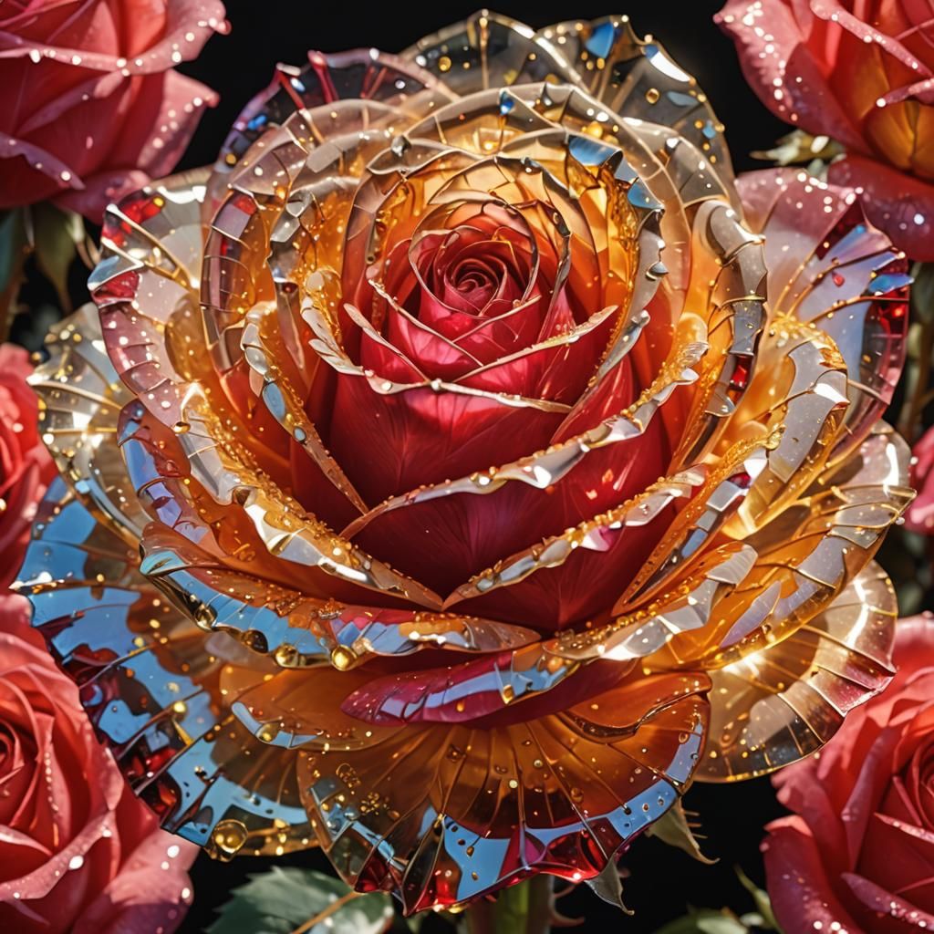 a large rose blossom, translucent as if made of cut gemstones, colors gold, red, pink, red, mysteriously ...  by @Floh
