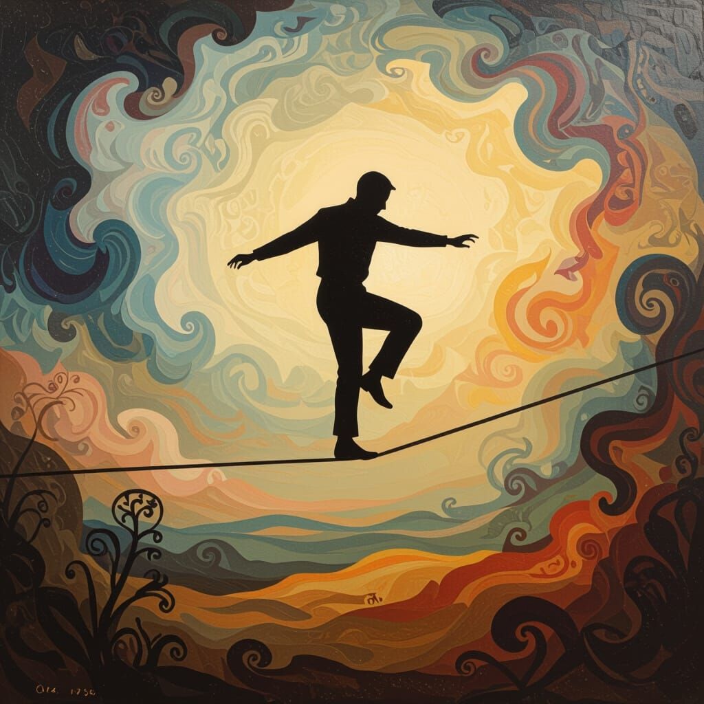 Precarious Balance on Tightrope in Surreal Dreamscape