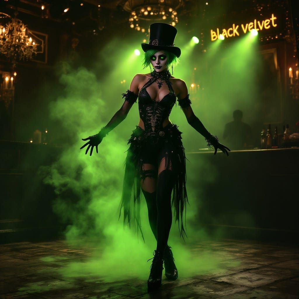 head-to-toe, a hyper-realistic image of a gorgeous, 22 year old woman with vibrant green eyes and short, green hair set in a punkish pixie s...