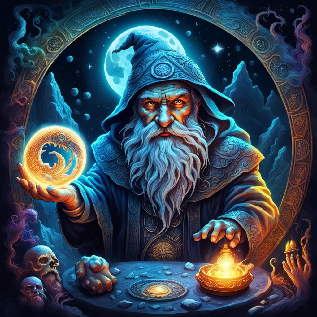 Witch Summons Spirits in Moonlit Alchemy Scene