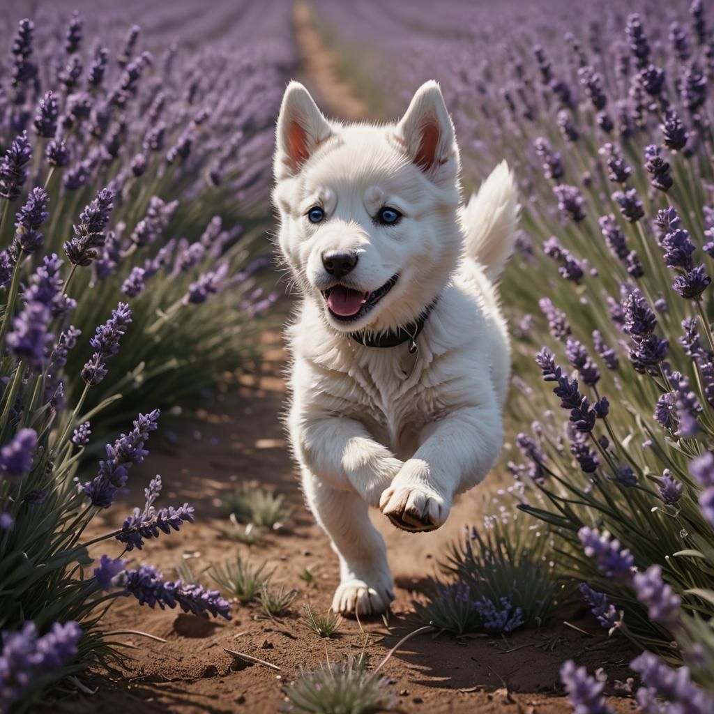 an adorable white husky puppy running in a knee high field o...