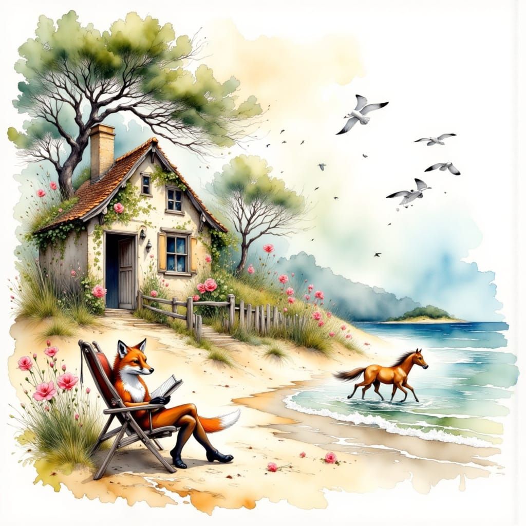 Fox Writer at Beach Cottage in Watercolor Style