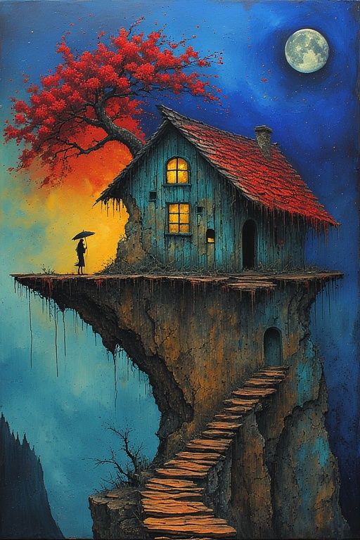 Surreal landscape of a ruined house perched on a cliff