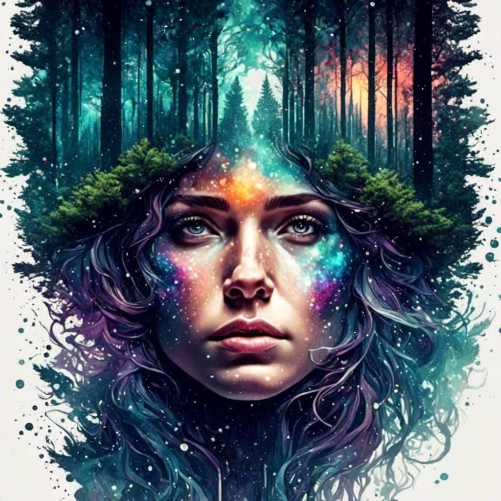 Forest Galaxy Head: Double Exposure Watercolor Art