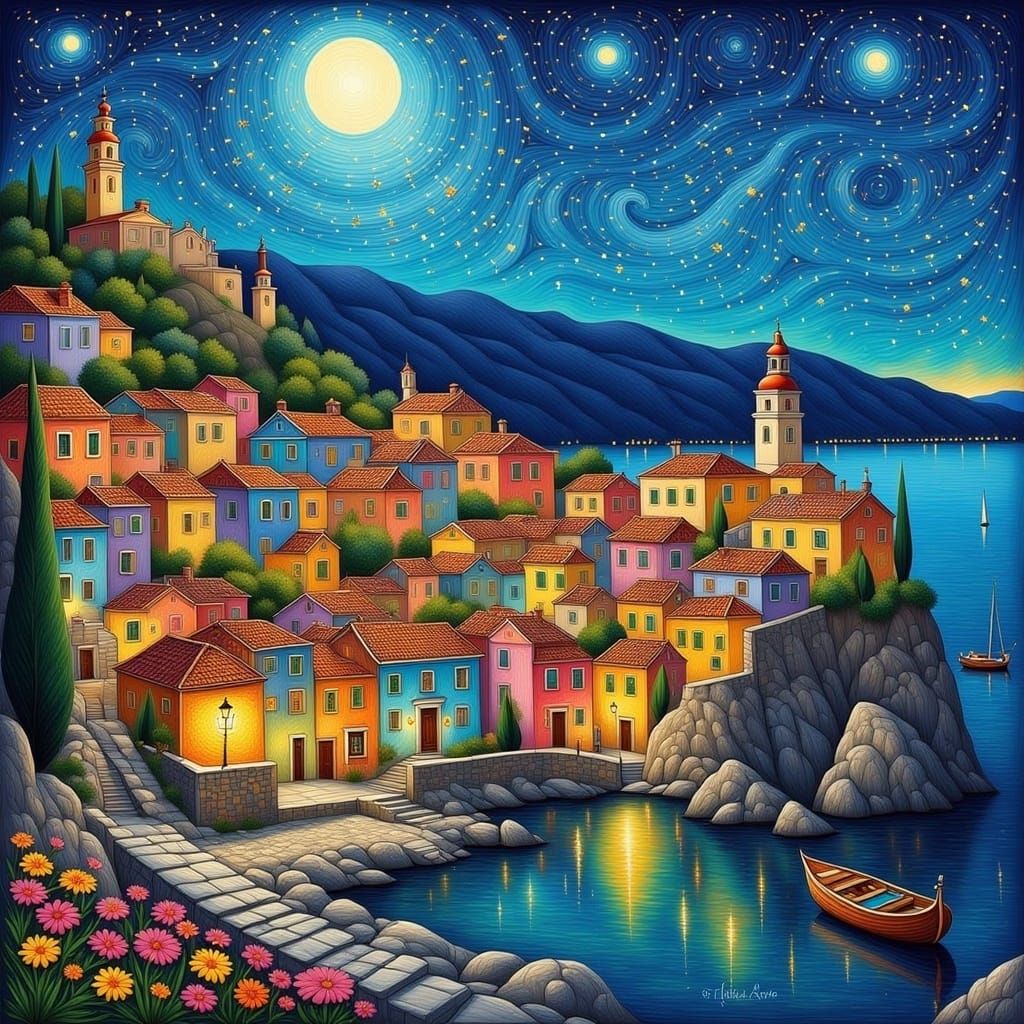 <lora:VAN GOGHs FANTASY F:1.0> a beautiful Greek village with cliffs and a lighthouse on top of the hill, night, moon, stars, lights, cosy t...