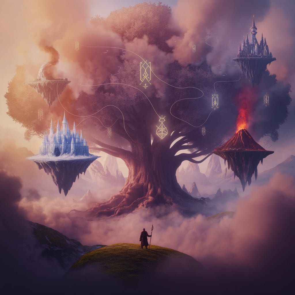 "The Tree of Worlds in the Fog"

In the middle of the endless ocean of fog, a giant tree rises, so huge that its branches are lost in the sk...