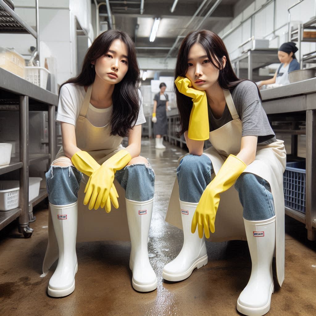 Two tired 30 year old korean women, preparing to a kitchen, ...