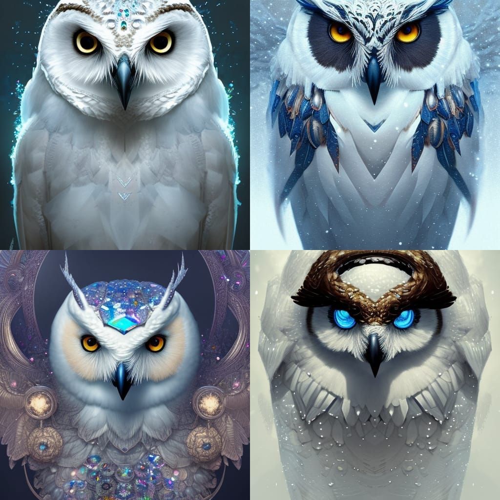 Snow owl made of crystals, head and shoulders portrait, 8k resolution concept art portrait by Greg Rutkowski, Artgerm, W...